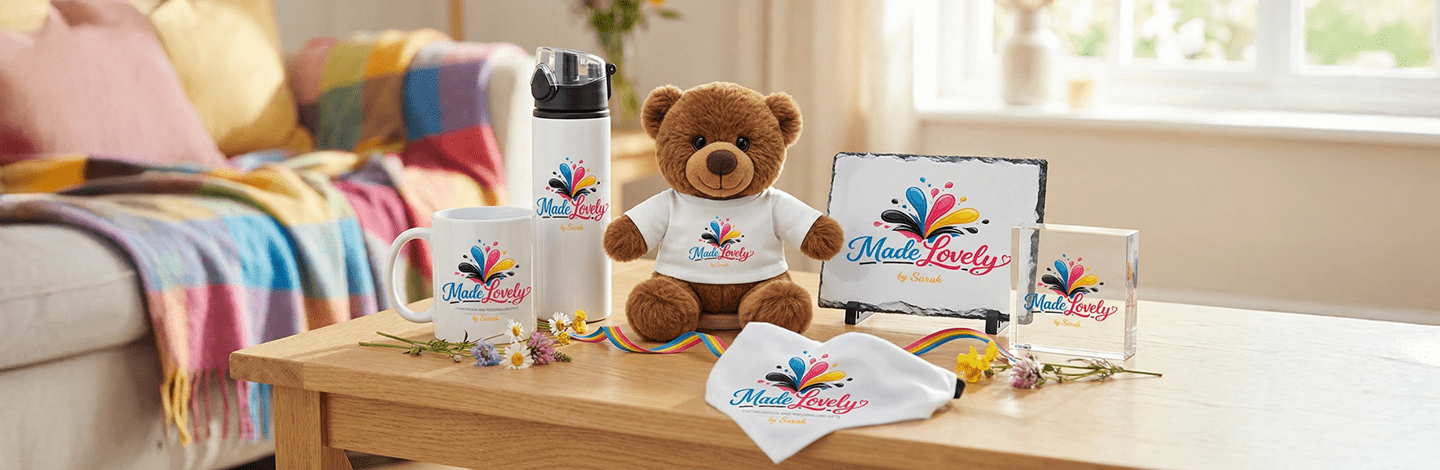 Made Lovely personalised gifts displayed in a colourful home setting