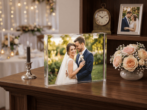 Personalised wedding photo gift in a celebration setting
