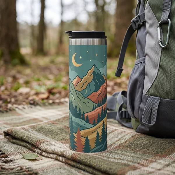 Personalised double-walled flask beside an outdoor bag with a colourful printed design.