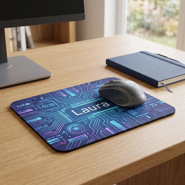 Personalised rectangular mouse mat on a tidy desk with a colourful blue design.