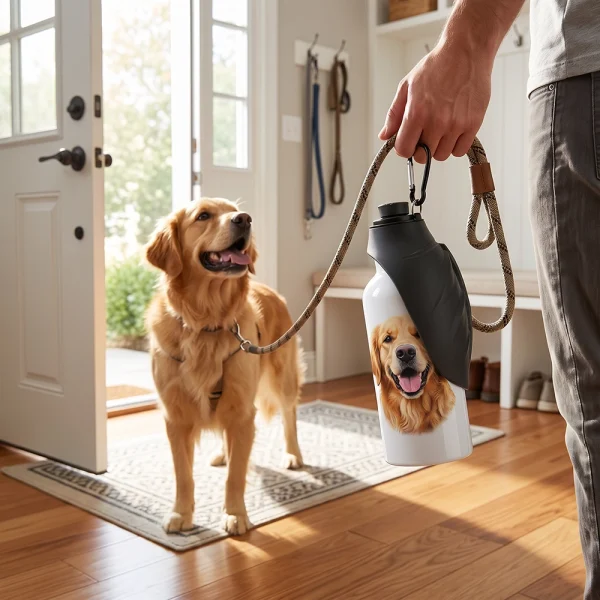 Personalised pet water dispenser placed beside a dog and a water bowl in a home setting.