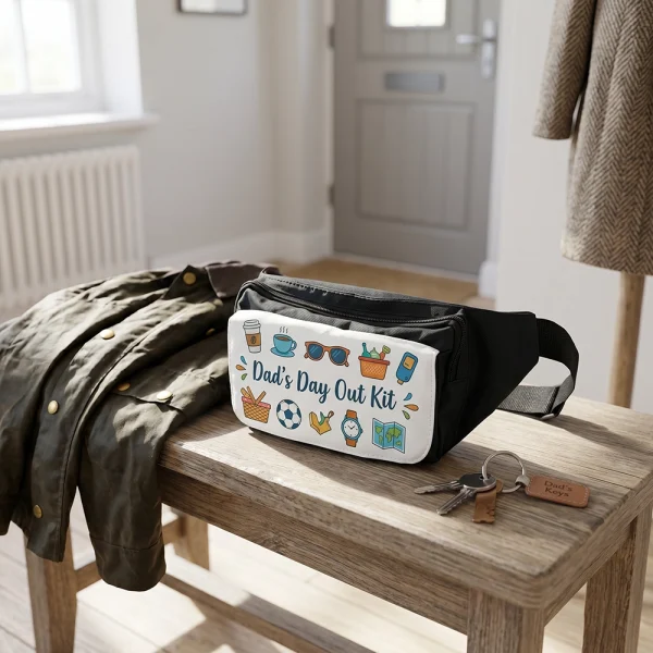 Personalised waist bag on a hallway bench with a colourful travel-themed design.