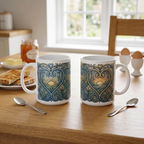 Personalised couples mug set on a kitchen worktop with matching blue patterned designs.