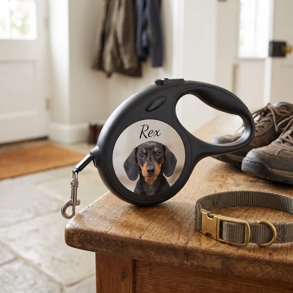 Personalised retractable dog lead on a table with a colourful pet-themed design.