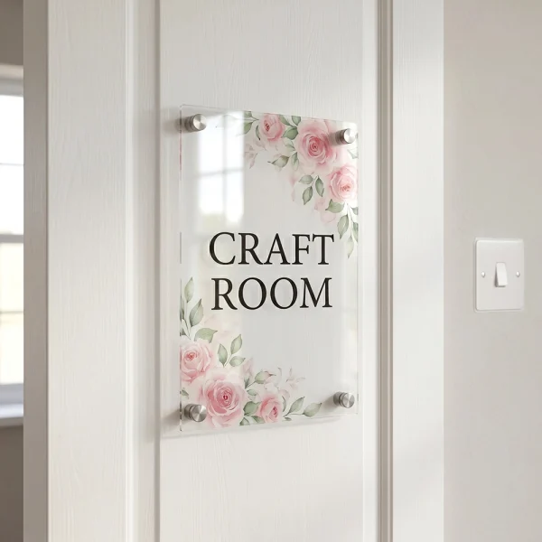 Personalised glass door sign mounted on a white door with CRAFT ROOM wording and floral detail.