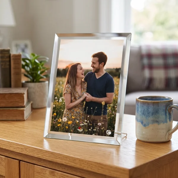 Personalised 13cm x 18cm glass photo frame displayed on a sideboard with a couple photo.