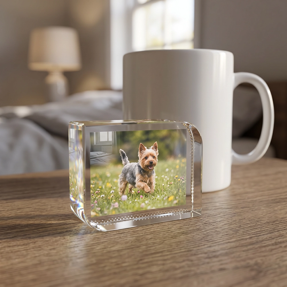 Small crystal photo block displayed near a window with a personalised photo inside.