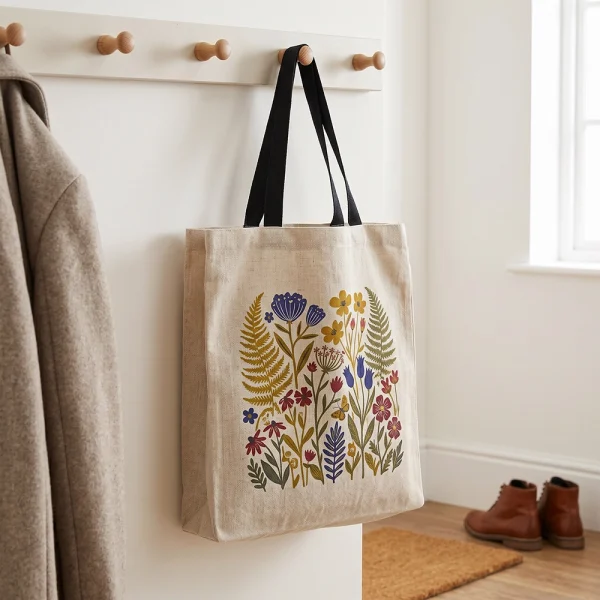 Personalised linen tote bag hanging in a hallway with a colourful printed design.